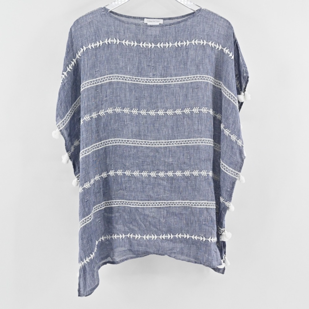 Colors De Opal Womens Linen Tunic OS Chambray White Embroidered Tassel Cover Up